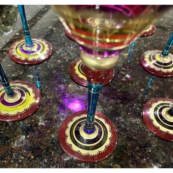 4 Pier 1 Festive Martini Glasses Blown Colorful Purple Stripe Gold Accent 8" Set - Picture 14 of 14